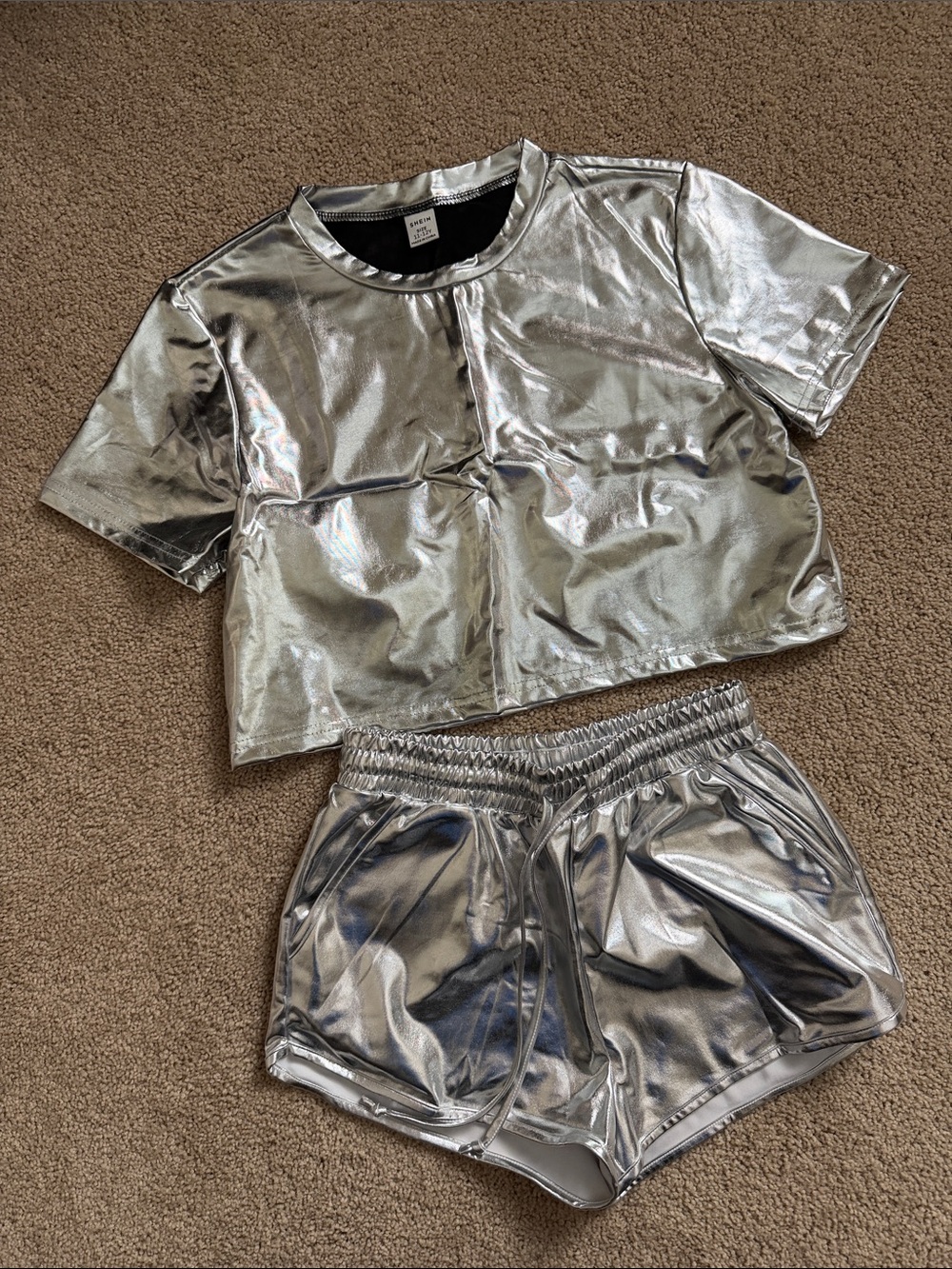 Metallic Silver Crop Top & Shorts Track Set